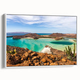 Vintage poster art of Baja California scenery on a framed canvas, featuring vibrant colorful art on a black background.