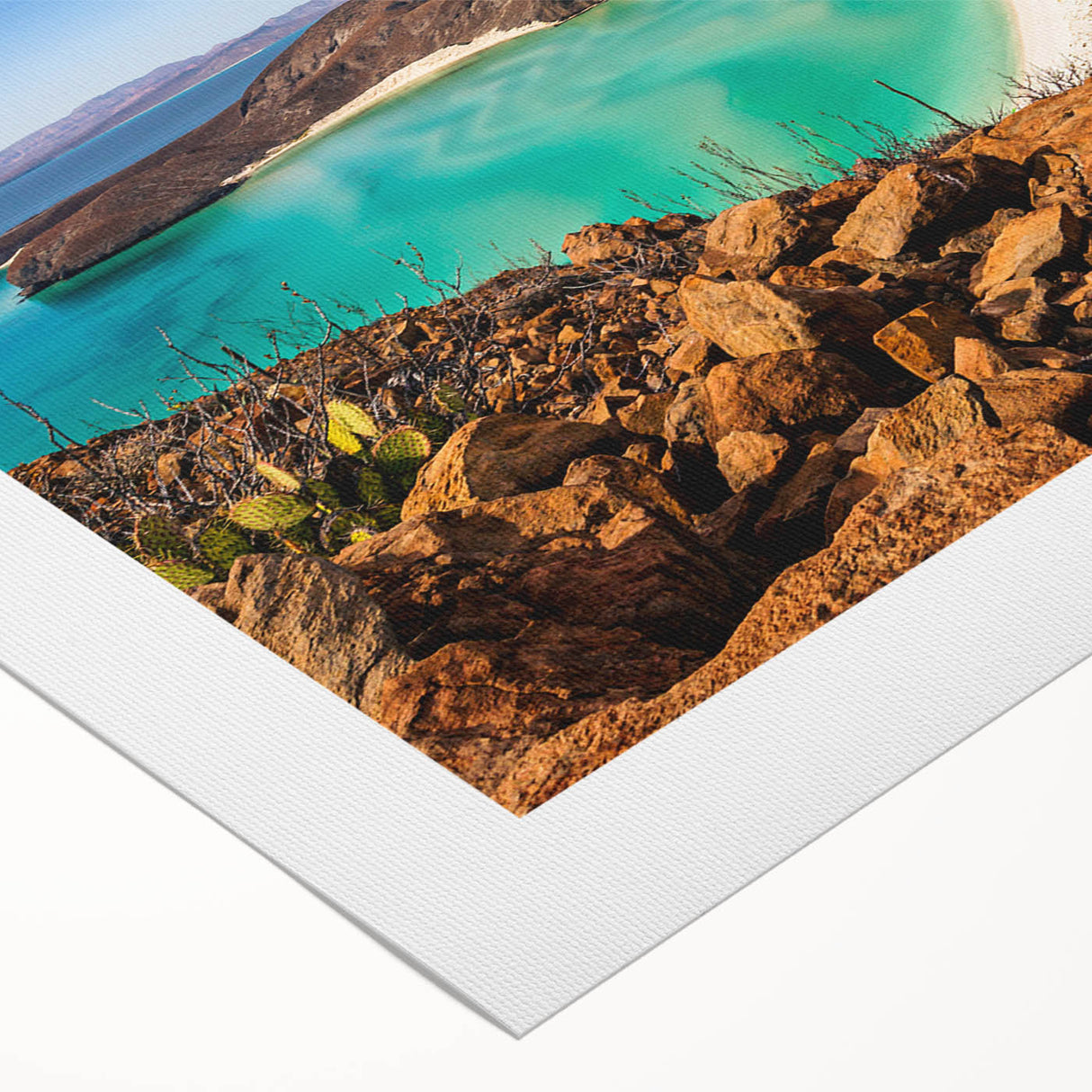 Art deco poster of Baja California scenery on rolled canvas, featuring pastel blue and pink tones.