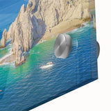 Large abstract wall art of Cabo San Lucas scenery in vibrant colors on acrylic glass, ideal for dining room ambiance.