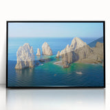 Large abstract wall art depicting the Cabo San Lucas scenery in muted earth tones, framed in black acrylic.