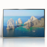 Framed acrylic print of Cabo San Lucas scenery in mid-century modernist style, featuring muted blue and silver tones.