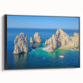 Framed canvas of a black and white vintage poster art depicting the landscape of Cabo San Lucas.