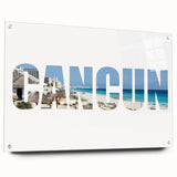 Acrylic print of Cancun scenery with vibrant blue and green tones, ideal for modern dining room decor.
