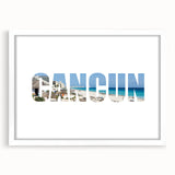 Abstract art print of Cancun scenery in muted blue and green tones, framed with a white mat, ideal for dining room decor.