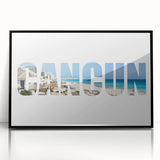 Large abstract wall art depicting Cancun scenery in vibrant hues on a framed acrylic, suitable for modern art wall decor.