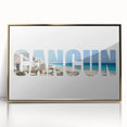 Large art print of Cancun scenery on framed acrylic, featuring mid-century modernist style and gold tones.