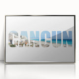 Mid-century modernist art depicting the Cancun scenery in silver-framed acrylic, featuring vibrant hues.
