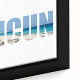Extra large framed canvas of a textured Cancun scenery in black with vibrant color accents, suitable for living room decor.