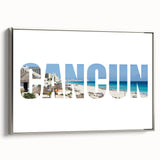Framed canvas depicting a vintage-style landscape of Cancun with vibrant colors and black borders.