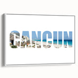 Vintage poster art of Cancun scenery on framed canvas, featuring vibrant colors against a black background.