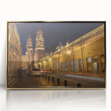 Large art print of Mexico City scenery in mid-century modernist style, framed in gold acrylic.
