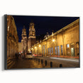 Framed canvas featuring a black and white vintage poster art of Mexico City landscape, ideal for bedroom wall decor.