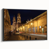 Framed canvas featuring a black and white vintage poster art of Mexico City landscape, ideal for bedroom wall decor.