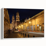 Vintage poster art of Mexico City in colorful hues on a framed canvas, ideal for living room decor.