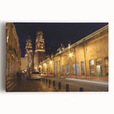 Black and white stretched canvas of Mexico City skyline, ideal for kitchen wall art.
