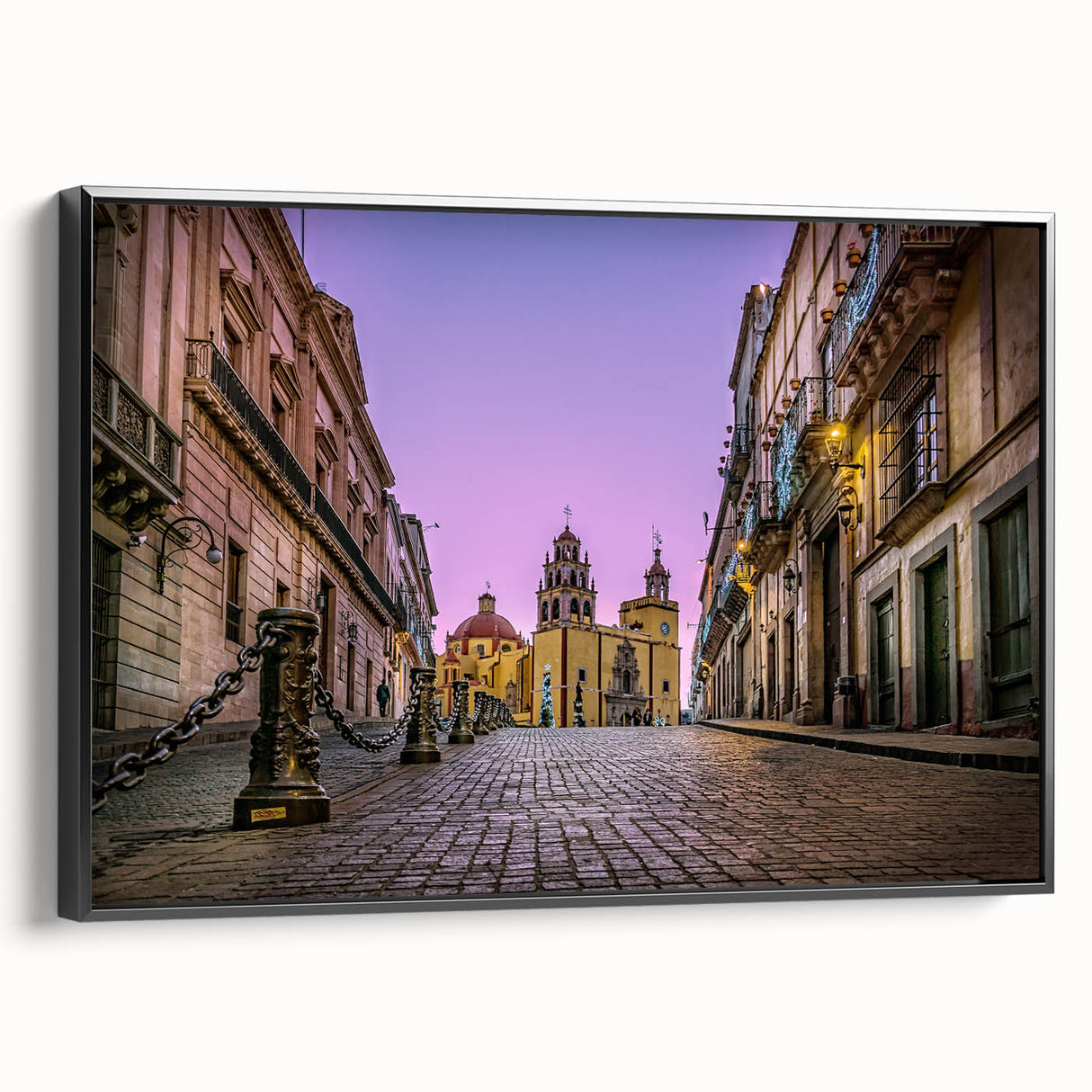 Black and white framed canvas of vintage Guanajuato landscape, ideal for bedroom wall decor.
