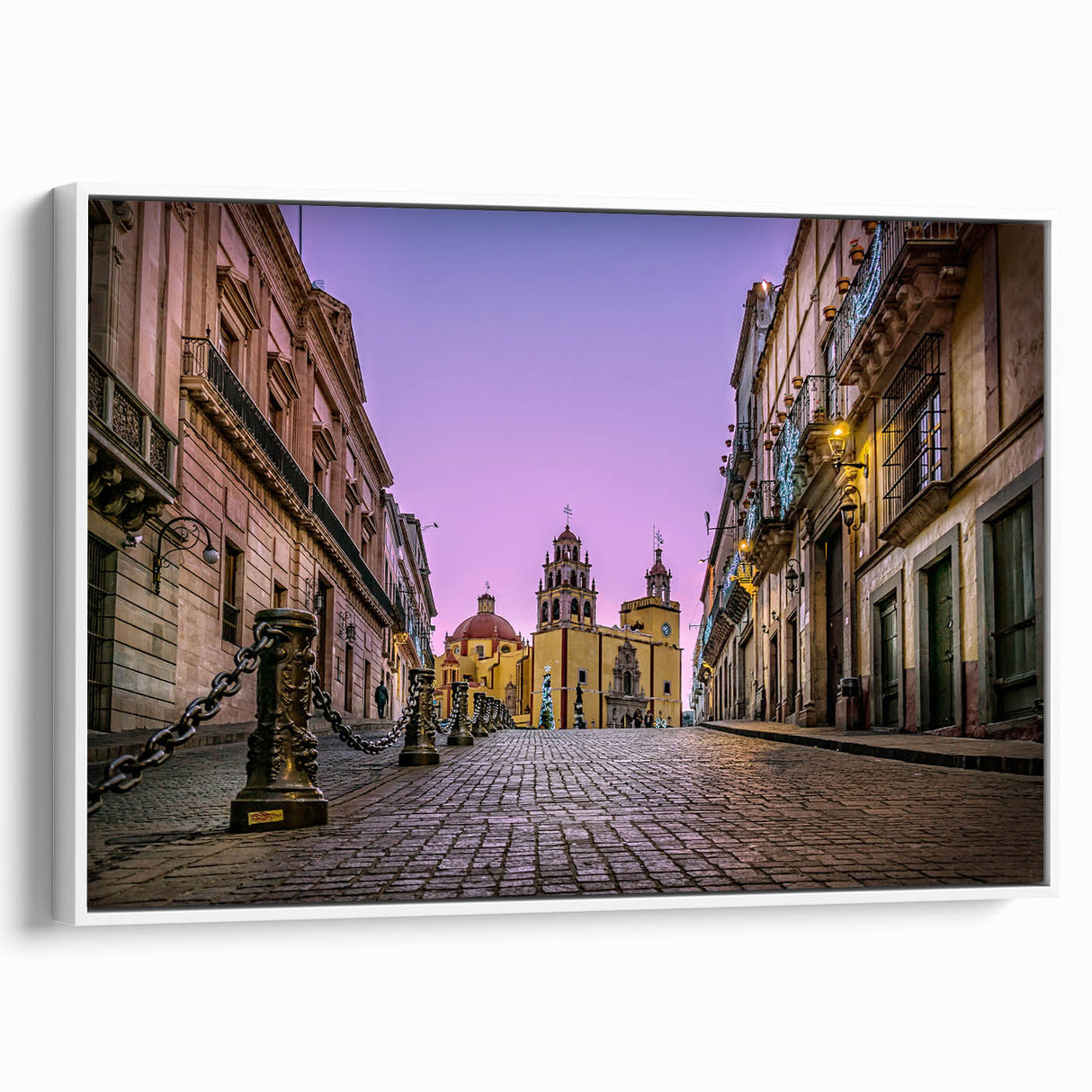 Vintage poster art of Guanajuato, Mexico, on extra large framed canvas, featuring vibrant, colorful scenery.