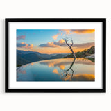 Extra large abstract art print depicting a vibrant, colorful Oaxacan landscape on a textured canvas, framed in black.