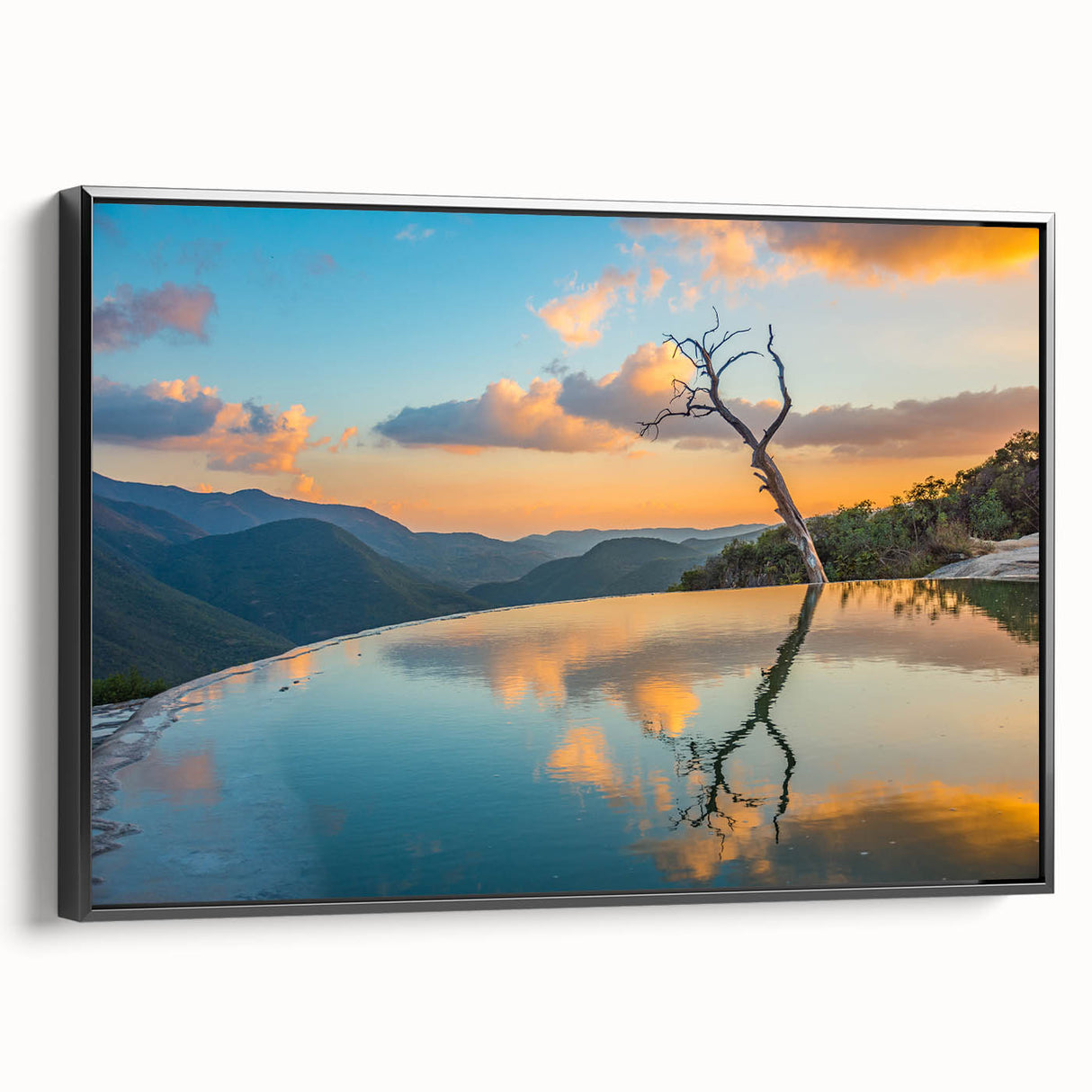 Black and white framed canvas of Oaxaca landscape, featuring vintage poster style, ideal for bedroom wall art.