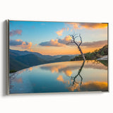 Landscape art painting of Oaxaca scenery on silver-framed canvas, featuring vibrant colors with a vintage poster style.