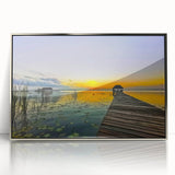 Mid-century modernist art depicting Quintana Roo scenery, in muted blue and green, acrylic print in silver frame.