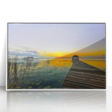 Acrylic print of a scenic Quintana Roo landscape, featuring muted blues and greens, framed in white.