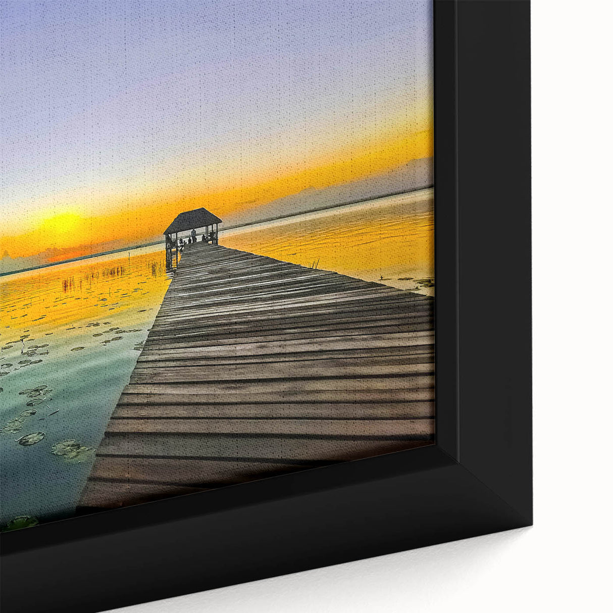 Framed canvas of a textured, colorful Mexican Quintana Roo scenery in black, ideal for living room decor.