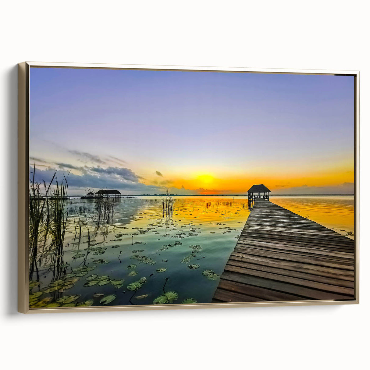 Framed canvas depicting a vintage-style landscape of Quintana Roo in gold and black, ideal for bedroom wall art.