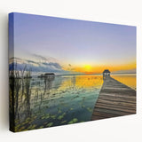 Large stretched canvas depicting a serene Quintana Roo landscape in soft blue and green tones, suitable for kitchen wall art.