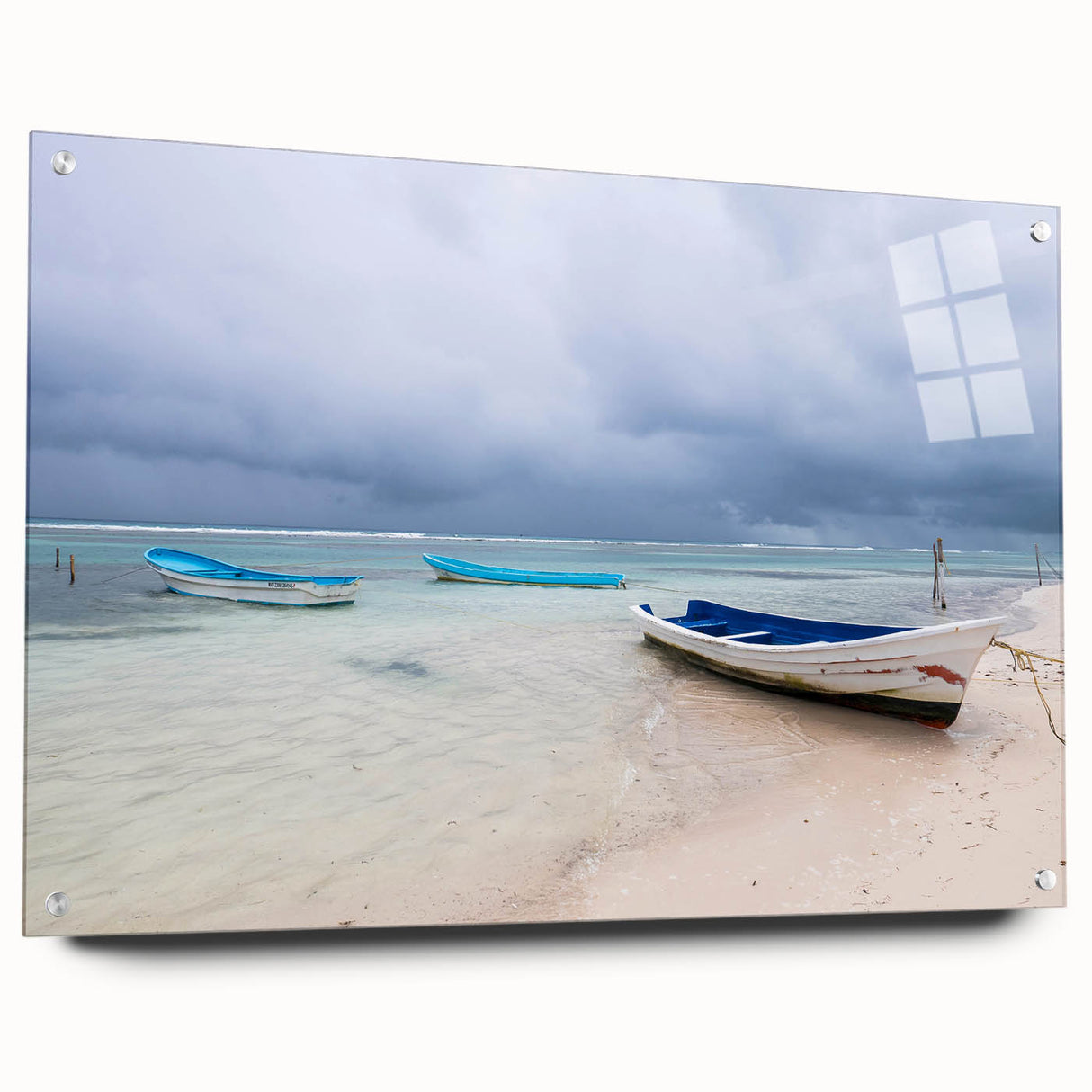 Acrylic print of a Yucatan landscape with lush greenery and a serene lake, in vivid green and blue tones.
