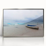 Mid-century modernist art of Yucatan scenery in silver framed acrylic, ideal for nursery wall art.