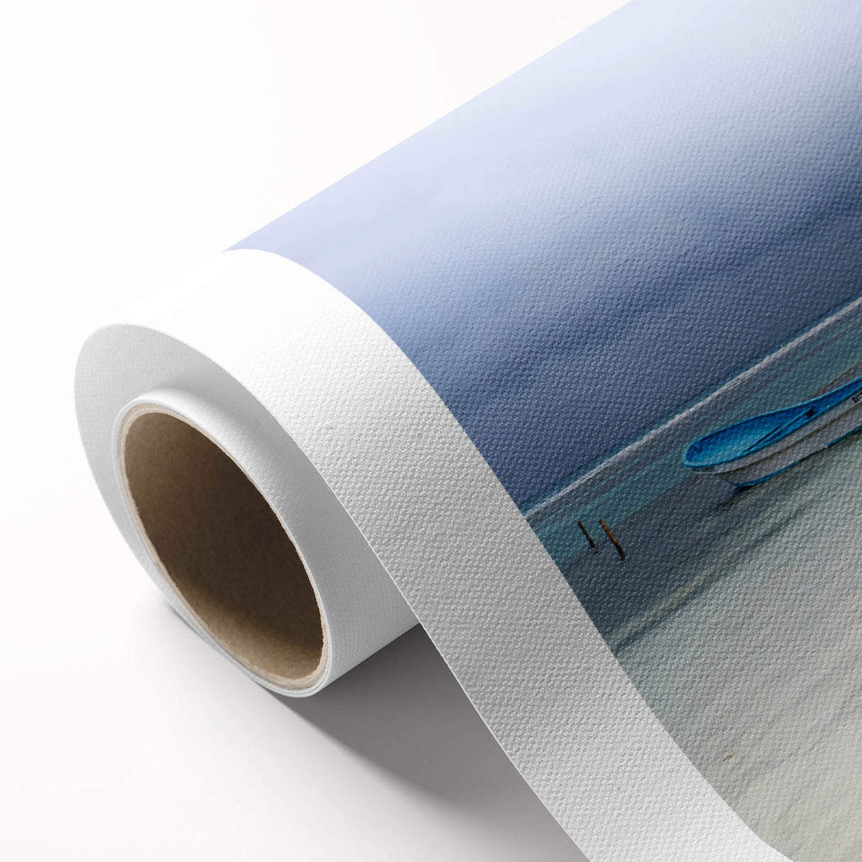 Art Deco poster of Yucatan scenery on rolled canvas, featuring pastel shades.