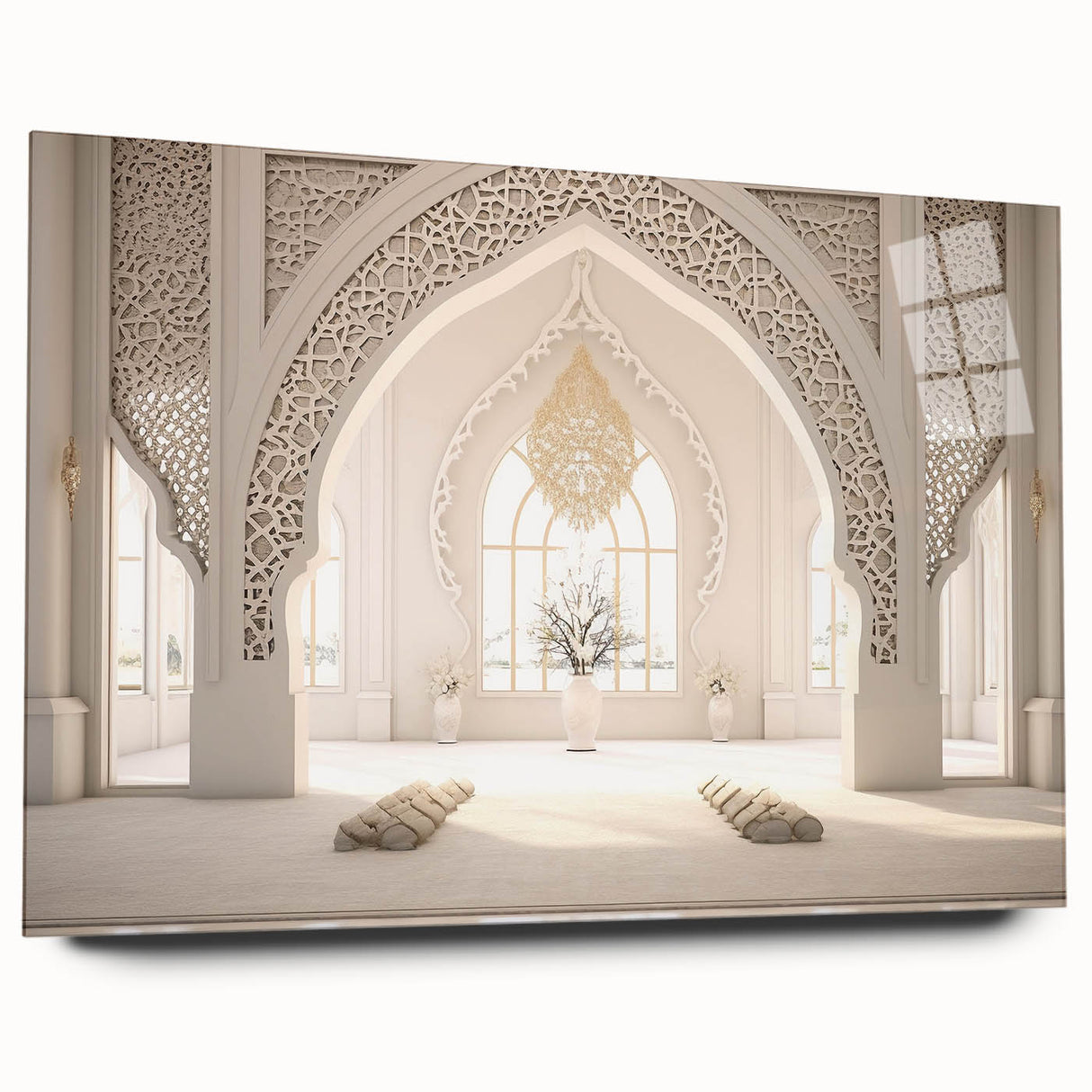 Acrylic print of a large abstract depiction of Middle Eastern scenery in earthy tones.