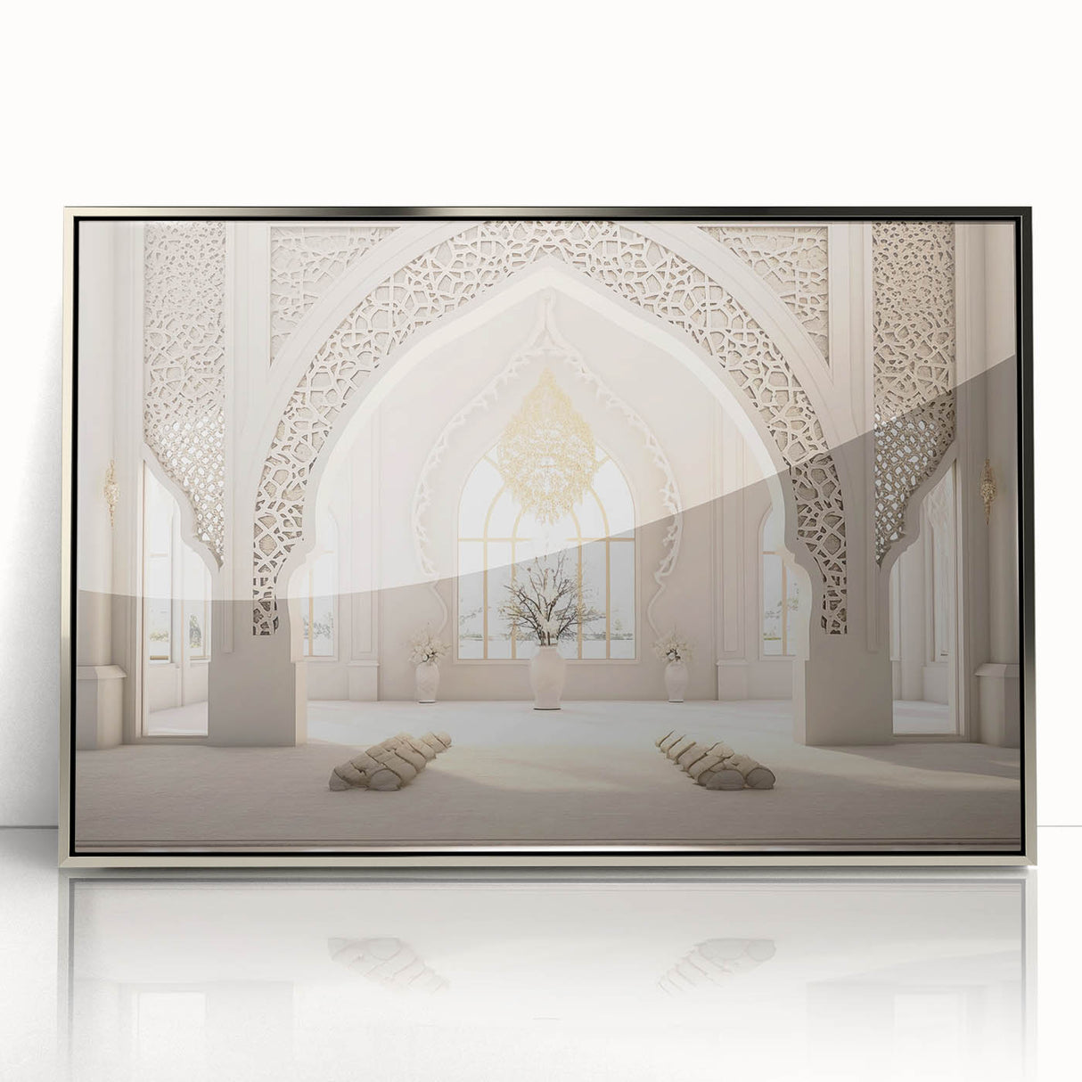 Mid-century modernist art depicting a serene Middle Eastern landscape in muted earth tones, framed in silver acrylic.