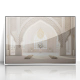 Art deco poster of a Middle Eastern scenery in muted earth tones on a white framed acrylic.