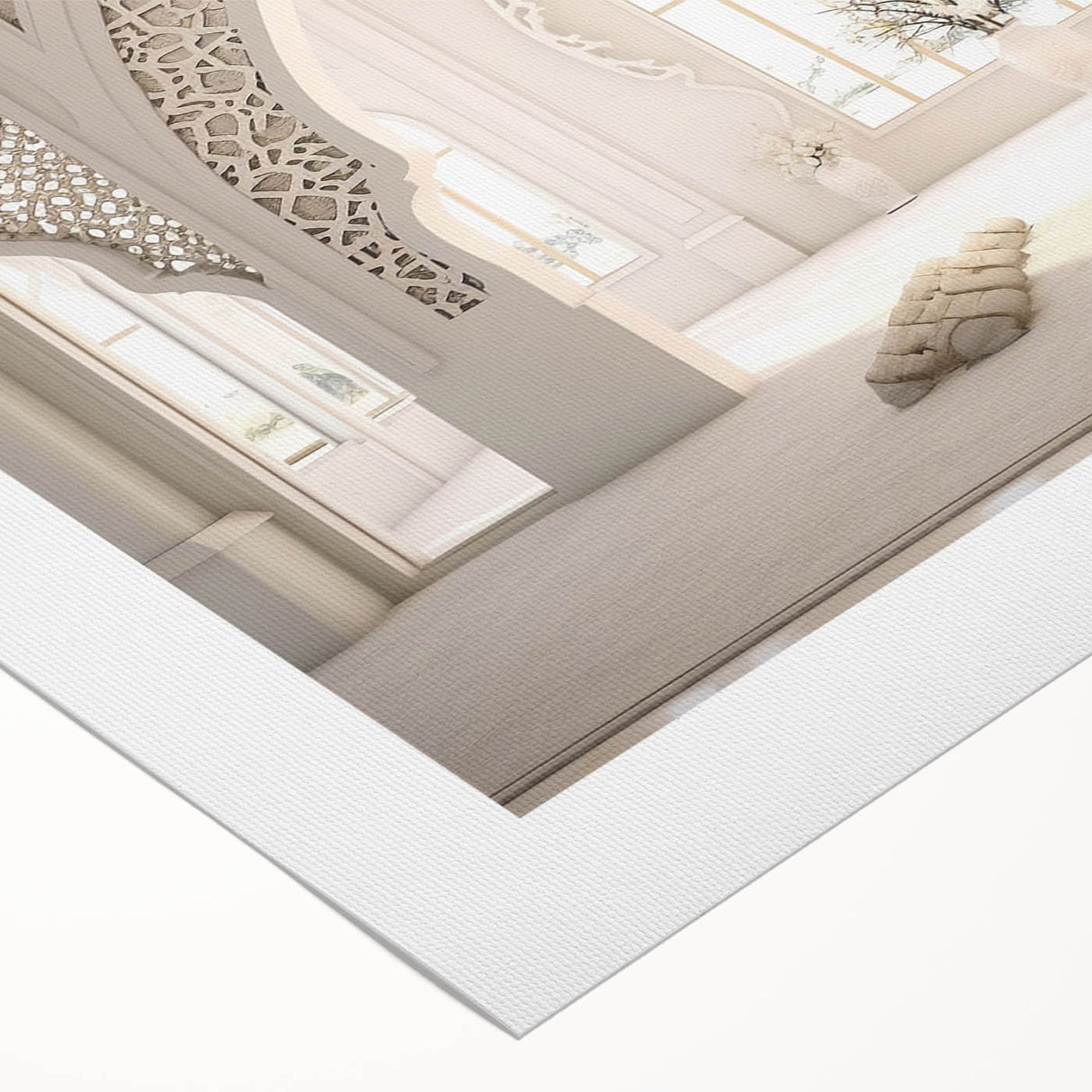 Art deco poster depicting a Middle Eastern scenery in muted earth tones on rolled canvas, ideal for dining room wall art.