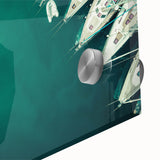 Large abstract depiction of Dubai skyline in muted blue and grey on acrylic glass, ideal for dining room art.