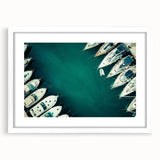 Abstract art print of Dubai skyline in muted gray and blue tones on a framed poster, suitable for dining room decor.