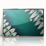 Acrylic print of Dubai skyline in muted silver tones, styled in mid-century modernist art.