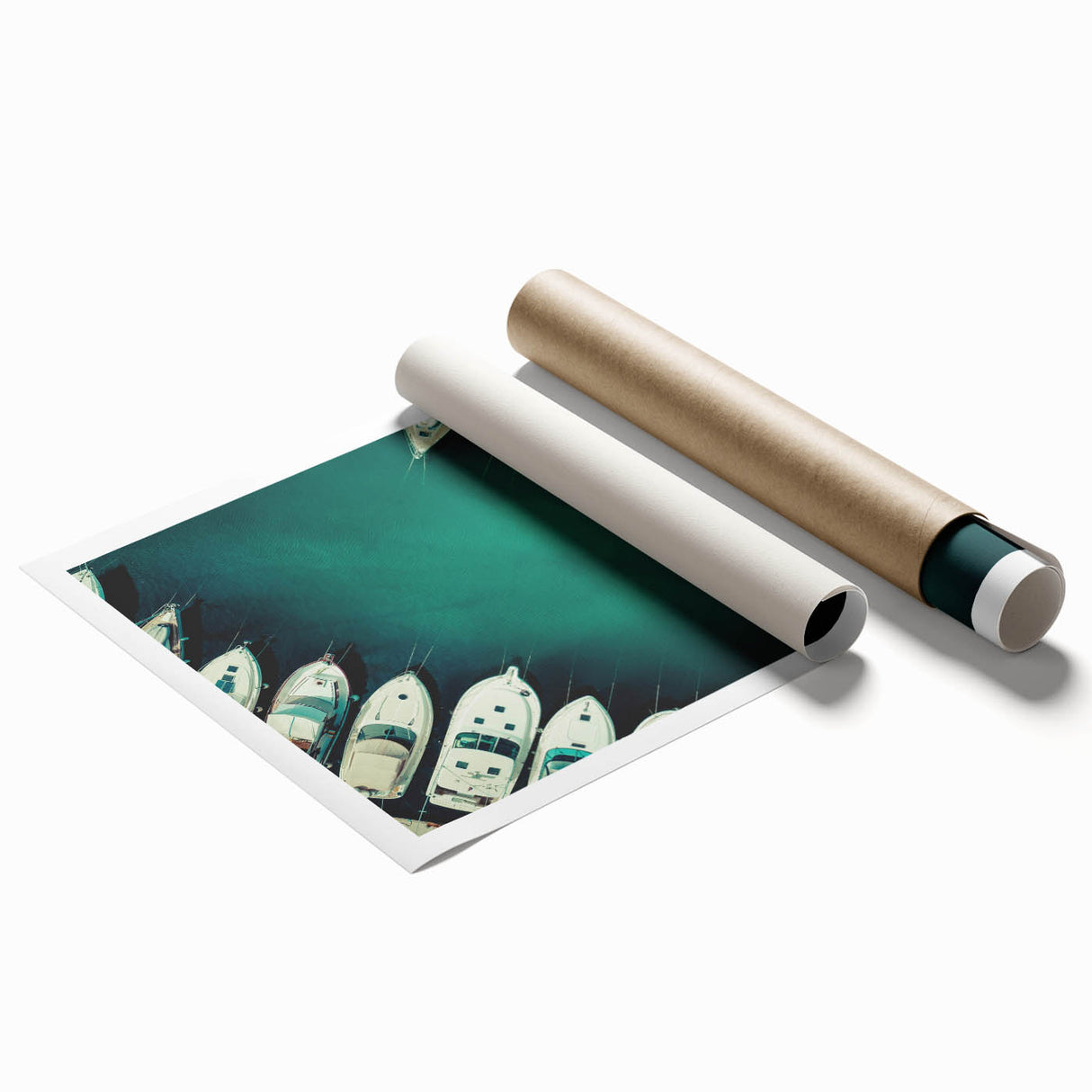 Extra large rolled print of Dubai skyline with muted gold and blue tones, ideal for classy bathroom wall art.