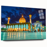 Large abstract wall art featuring a Middle Eastern desert scene in muted earth tones on acrylic glass.