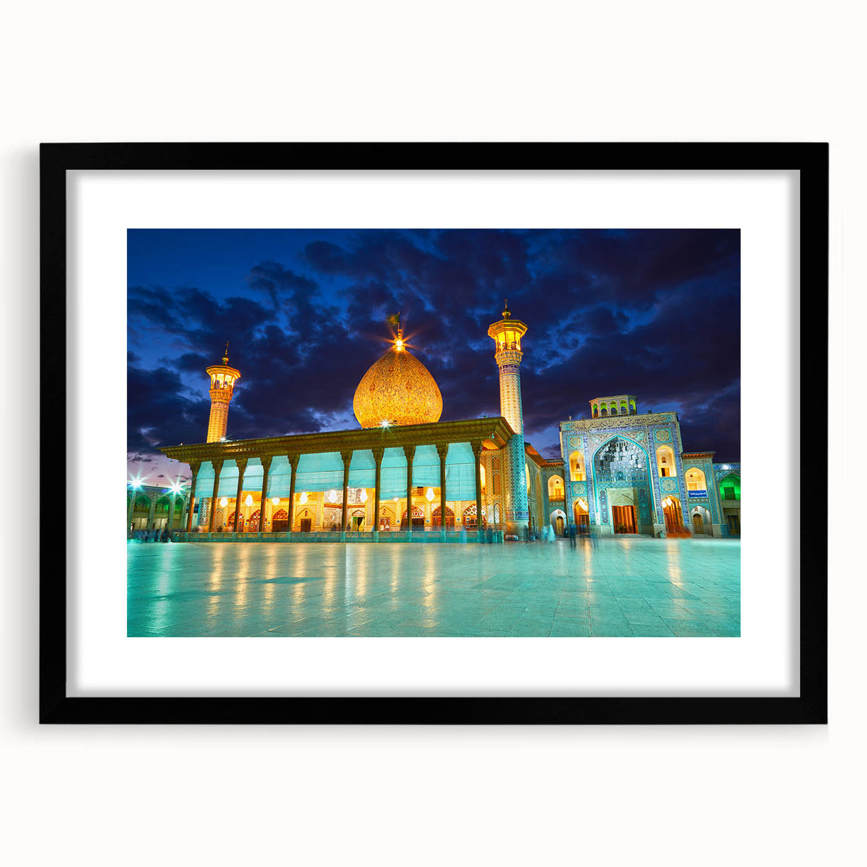 Extra large framed wall art depicting an abstract, colorful scenery of Iran in vibrant hues on a textured canvas.