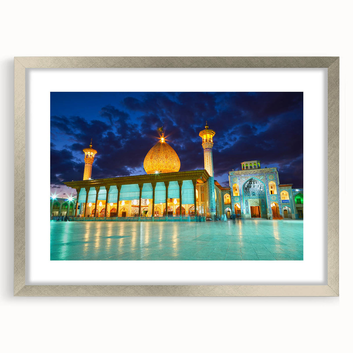 Textured abstract art print featuring a silver-framed depiction of a Middle Eastern scenery, suitable for bedroom art.