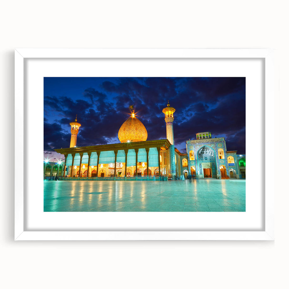 Abstract art print depicting Middle Eastern scenery in muted earth tones on a framed white mat, ideal for dining room decor.
