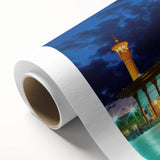 Art deco poster of a Middle Eastern landscape in soft earth tones on rolled canvas, ideal for nursery wall art.