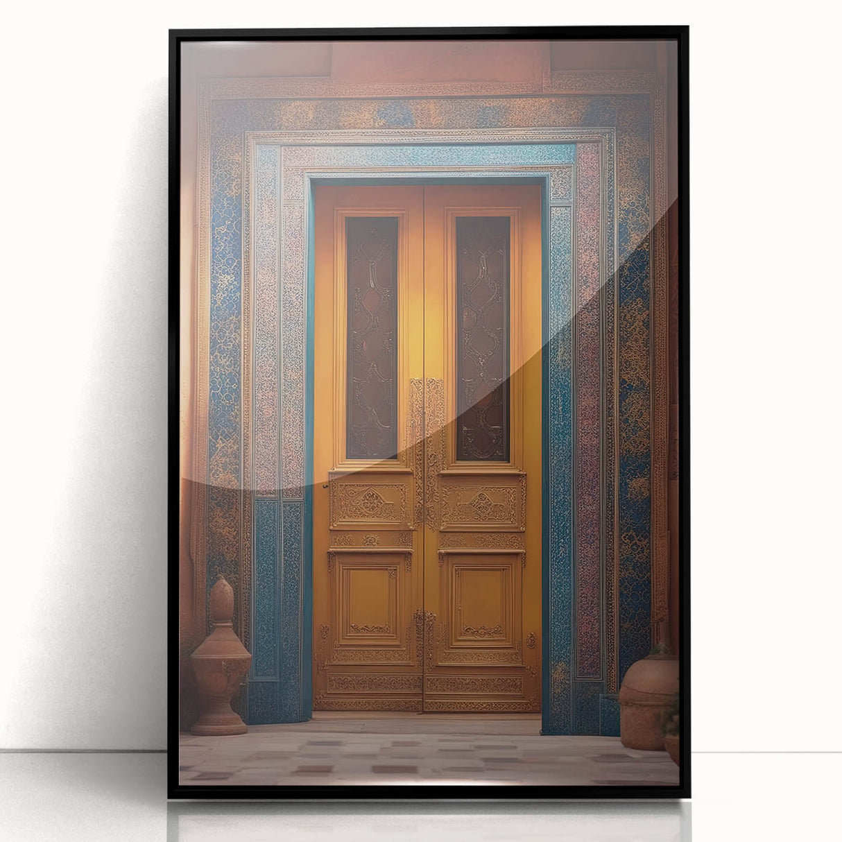 Large abstract wall art depicting a Middle Eastern urban scene in muted earth tones on a framed acrylic.