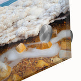 Large abstract depiction of the Dead Sea in muted blue and beige tones on acrylic glass, ideal for dining room art.