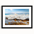 Extra large abstract art print of the Dead Sea in vibrant, textured colors on a framed black mat.