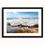 Extra large abstract art print of the Dead Sea in vibrant, textured colors on a framed black mat.