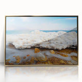 Acrylic print of the Dead Sea with gold frame, featuring muted earth tones, ideal for modern art wall decor.